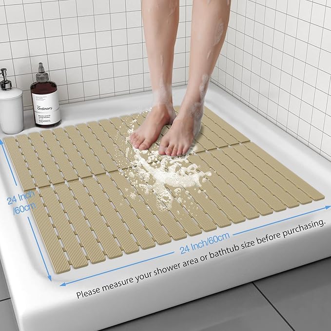 ​Shower Mat Non-Slip Bath Mat for Tub and Shower Stall,200+ Suction Cups with Drain Holes, Quick Dry Machine Washable, Extra Grip for Stand Up Showers, Bathroom Essentials 24x24 Inch (Brown) - Image 3