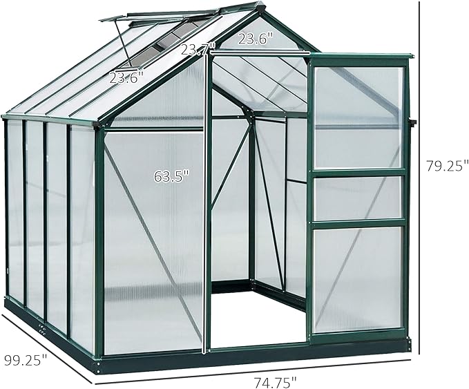 Outsunny 6' x 8' Greenhouse for Outdoors, Polycarbonate Greenhouse with Rain Gutter and Roof Vent, Aluminum Walk-in Green Houses for Outside for Patio Backyard Garden, Dark Green - Image 7