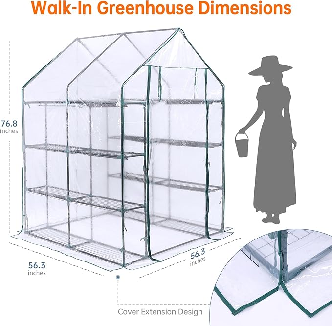 Bstrip Walk In Greenhouse, Indoor Greenhouse with Grow Lights, Mini Indoor Greenhouse with Roll-Up Zipper Entry Door and PVC Cover, Dimmable 2FT 120W Plant Light with Timer (56.3"W X 56.3"L X 76.8"H ) - Image 3