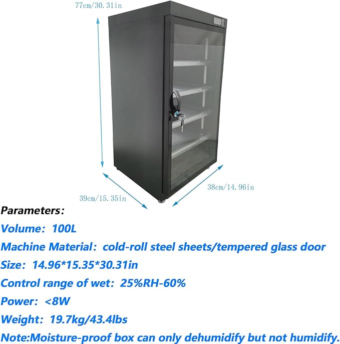 100L Full Automatic Digital Camera Dehumidify Storage 5 Layers Digital Control Dry Box with Tempered Glass Door for Camera Lens and Electronic Equipment Storage - Image 2