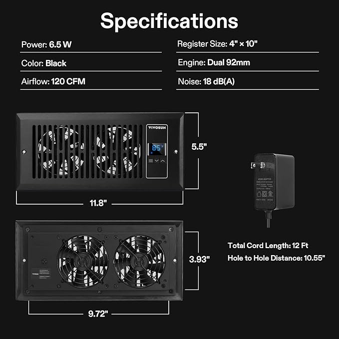 VIVOSUN Quiet Register Booster Fan, Smart Register Vent with Thermostat Control, Fits 4”×10” Register Holes, Heating Cooling AC Vent Fan, Black - Image 8