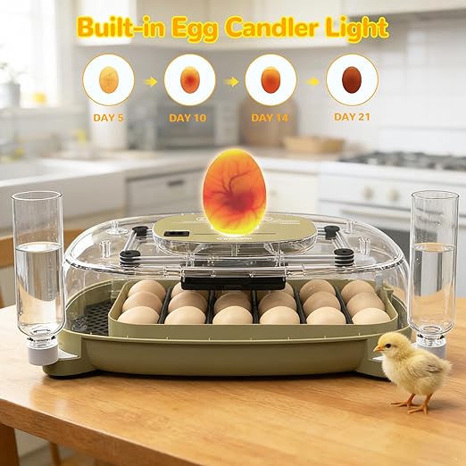 24 Egg Incubator with Temperature Control & Humidity Monitoring, Automatic Egg Turner, Built-in Egg Candler, 360° Clear View for Hatching Chicken, Duck, Quail Eggs - Ideal for Home, Classroom, Farm - Image 9