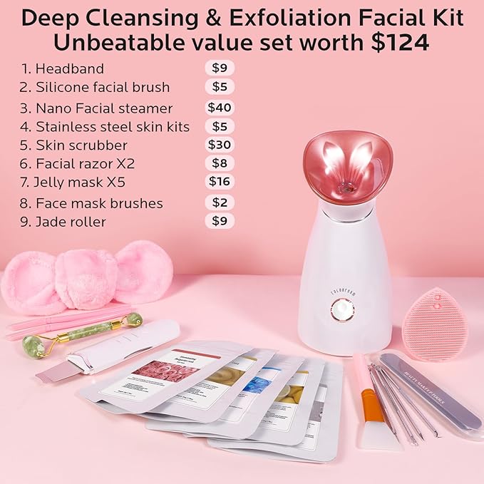 Colorfarm Facial Steamer Nano Ionic: Face Steamer Home Spa Kit Deep Cleaning Unclogs Pores Sinuses Inhaler with 8 Skin Care Tools - Self Care Gifts for Women (Deep Cleansing Facial Kit) - Image 2