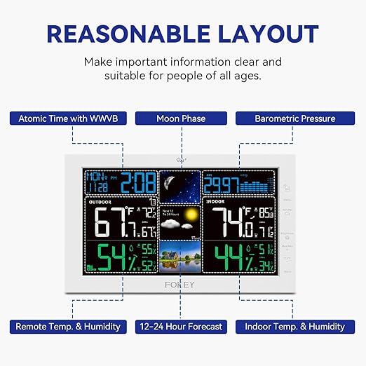 Weather Station Wireless Indoor Outdoor, Indoor Outdoor Thermometer Wireless, Home Atomic Clock Weather Stations, Temperature Humidity Barometer Inside Outside Thermometers, White with 3 Sensors - Image 4