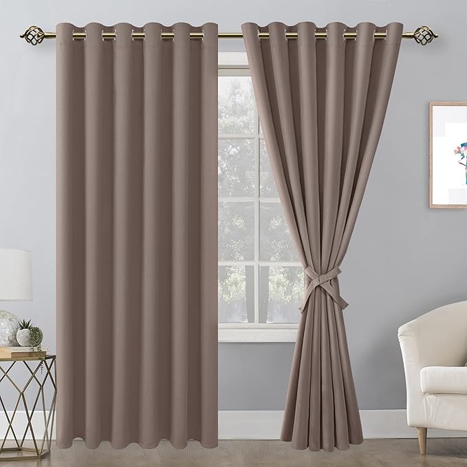 Hiasan Grommet Blackout Curtains for Bedroom, 70 x 84 Inches - Thermal Insulated & Light Blocking Window Drapes for Living Room/Dorm Room, Set of 2 Panels Sewn with Tiebacks, Tan - Image 2