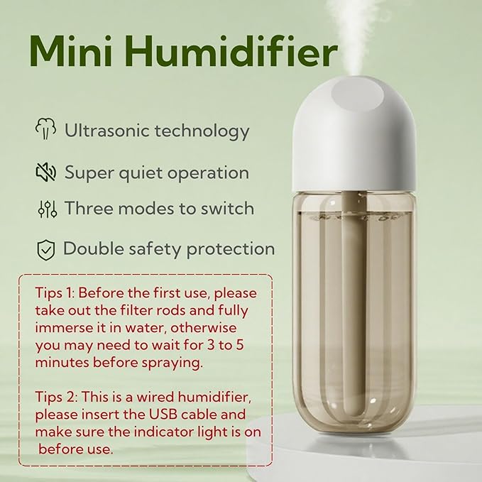 Portable Small Humidifier Dual Nozzle - Large Cool Mist Humidifiers Double Spray Ports, Water Shortage Protection, Ultra-Quiet, Mini Humidifier for Bedroom Plants Office Car Travel (P05) - Image 2