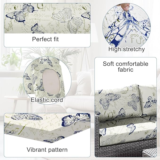 8pcs Outdoor Printed Sofa Seat Cushion Covers Strechable, Waterproof Elastic Half-Covered Sofa Covers Washable Reusable Patio Furniture Protector（Butterlfy, Cover Only） - Image 3