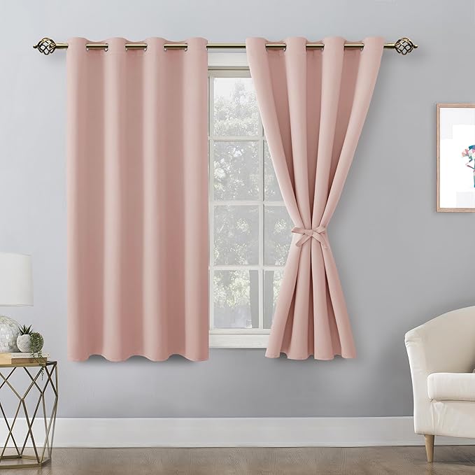 Hiasan Blackout Curtains for Bedroom, 52 x 54 Inches Long - Thermal Insulated Light Blocking Window Curtains for Living Room, 2 Drape Panels Sewn with Tiebacks, Blush - Image 2