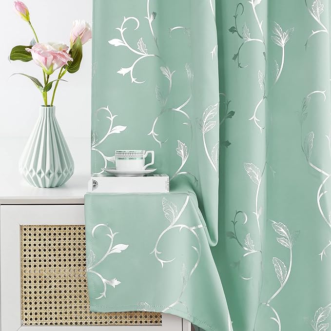 BUHUA Blackout Curtains 96 Inches Long, Vine Foil Print Pattern Room Darkening Curtain, Living Room Curtains & Drapes, Thermal Insulated Window Panel Set, 52 x 96 Inch, Aqua - Image 5