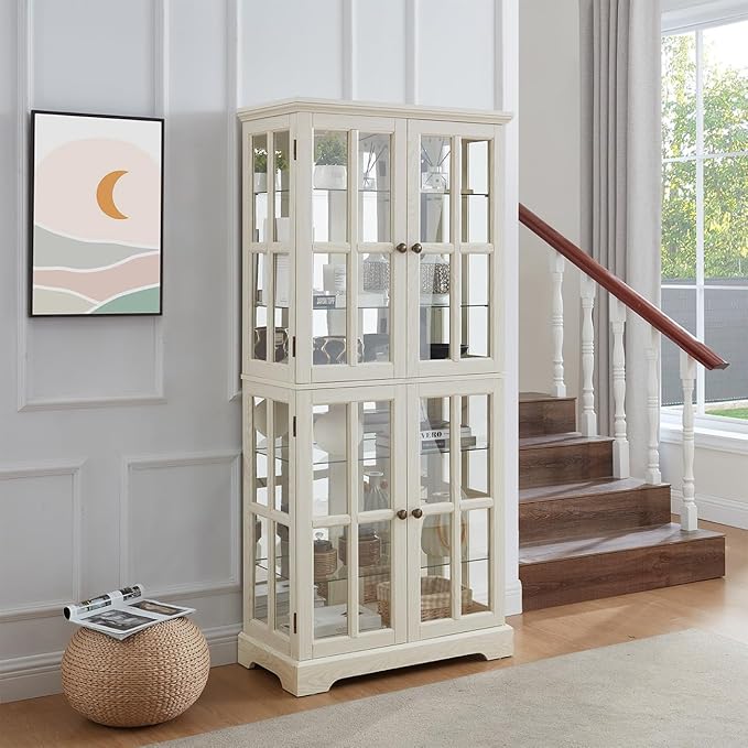 Lighted Glass Curio Cabinet with Lights & Adjustable Shelves,Curio Display Cabinet with Wood Frame & Glass Door,Corner Antique Display Case for Kitchen,Living Room,Office by Unknown