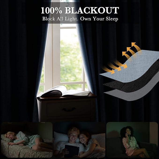 RYB HOME Smoky Blue 100% Blackout Linen Curtains 78 inch Long, Insulated & Privacy Assurd Home Decor Drapes for Bedroom/Office/Nursery, Rod Pocket & Back Tab Window Treatment, W52 X L78, 2 Panels - Image 4