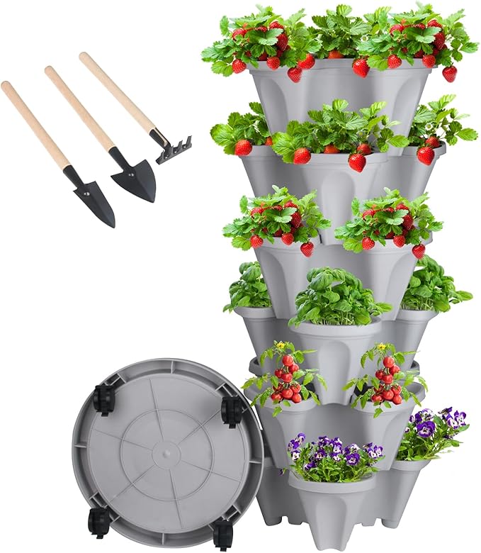 GameXcel Vertical Planter 6 Tier Stackable Planters Garden Planters Strawberry Herb Flower and Vegetable Planter Indoor Outdoor Gardening Pots with Removable Wheels and Tools by GameXcel