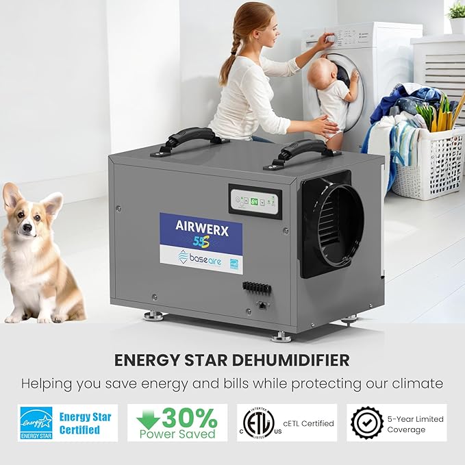 BaseAire 120 Pints Crawl Space Dehumidifier with Drain Hose, Energy Star Dehumidifier for Commercial, Home and Basement, Compact, Auto Defrost, Intelligent Control, Auto Restart, Up to 1300 Sq Ft - Image 4