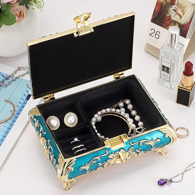 Hipiwe Metal Decorative Jewelry Box Vintage Treasure Chest Case Ornate Trinket Organizer Earrings Necklace Bracelet Storage Box Ring Holder Keepsake Box for Women - Image 3