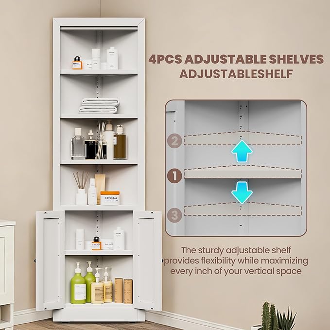 Metal Pantry Storage Cabinet with 4 Adjustable Shelves, 71" Tall Corner Cabinet for Bathroom, Corner Shelf Cabinet for Kitchen, Dining Room, Living Room, Assembly Required(White) - Image 4