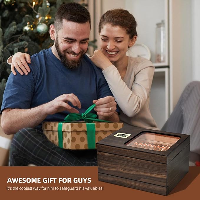 Cigar Humidor, Modern Glass Top Cedar Humidor Cigar Box with Accessory Drawer, Digital Hygrometer,Handcrafted Cedar Wood Tray and Divider, Cigar Case for 30-55 Cigars, Cigar Accessories for Men - Image 6