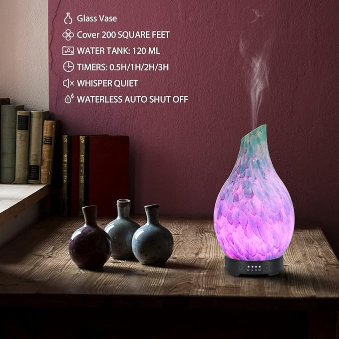 Essential Oil Diffuser 120ml Ultrasonic Aromatherapy Diffuser with Handmade Glass BPA Free, Auto Shut-Off 4 Timer Setting 7 Colors Changed LED for Home Yoga Office (Cobblestone) - Image 3