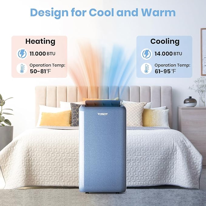 TOSOT 14,000BTU (9,600 BTU SACC) Wifi Portable Air Conditioner with Heating Mode, Cooling, Dehumidifier, Fan, Auto Swing, 24H Timer, for Large Rooms Up to 600 sq ft, AOMI Series, Steel Blue - Image 4