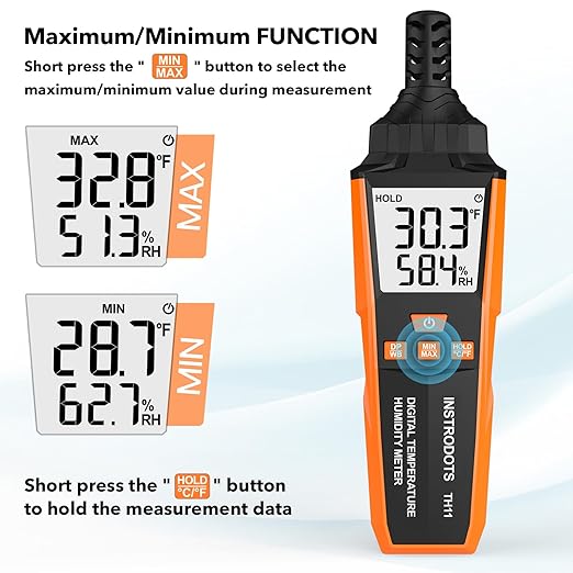Temperature Humidity Meter, High Precision Digital Hygrometer with Ambient, Dew Point, Wet Bulb Temperature for Indoor Outdoor, Thermometer with Min/Max, Data Hold, LCD Backlight, TH11 - Image 5