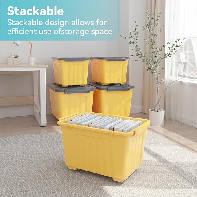 Nazhura Plastic Storage Bin, Stackable and Nestable Storage Boxes with White Lids and Secure Latching Buckles, Large Storage Container (Yellow/Purple, 72Quart-4Pack) - Image 5
