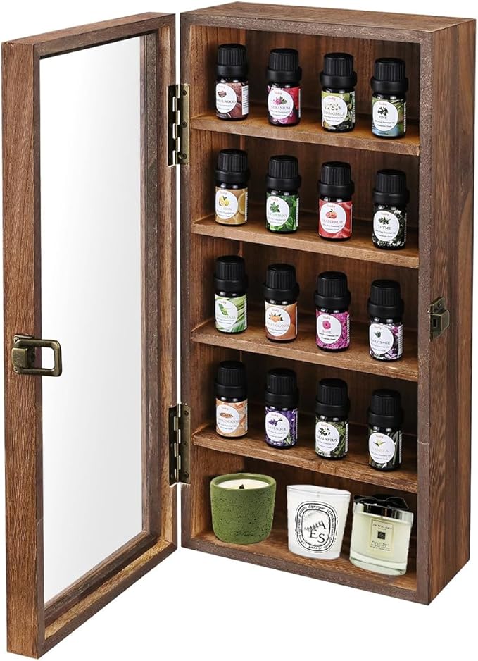 Wall Mounted Wooden Collectible Display Case 5 Shelf Display Storage Accessories Display with Acrylic Door, Sunglass Display Cabinet, Wall Shadow Box, Shelf Thimble Display Case (Carbon) by LITAITAI