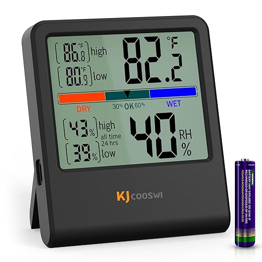 Digital Thermometer Hygrometer, Indoor Wall Thermometer Humidity Indoor with High Accuracy, Suitable for Greenhouse, Home and Office, AAA Battery (Black) by KJCOOSWI