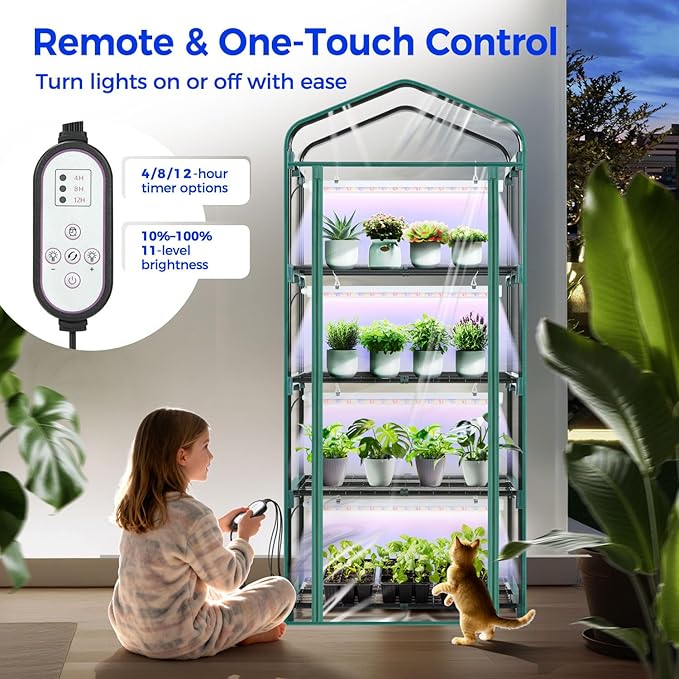 Indoor Greenhouse with Grow Light, Ohuhu 4-Tier Mini Green House for Winter - Full Spectrum Greenhouses for Seed Starting Small Portable Green Houses Waterproof PVC Cover & Adjustable Shelves - Image 6