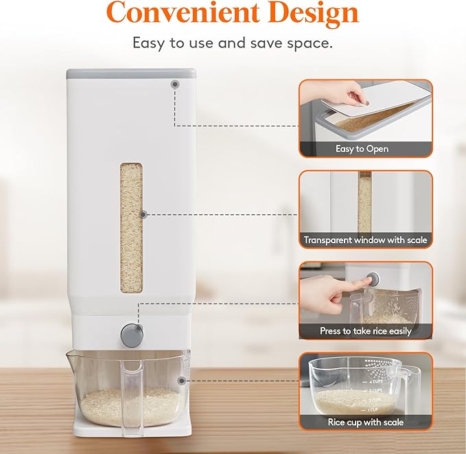 Lifewit Rice Dispenser 25 Lbs(11.3kg), Rice Storage Container Sealed Moisture Proof with Measuring Cup for Kitchen Pantry Household, BPA-Free, 1 Pack White - Image 4
