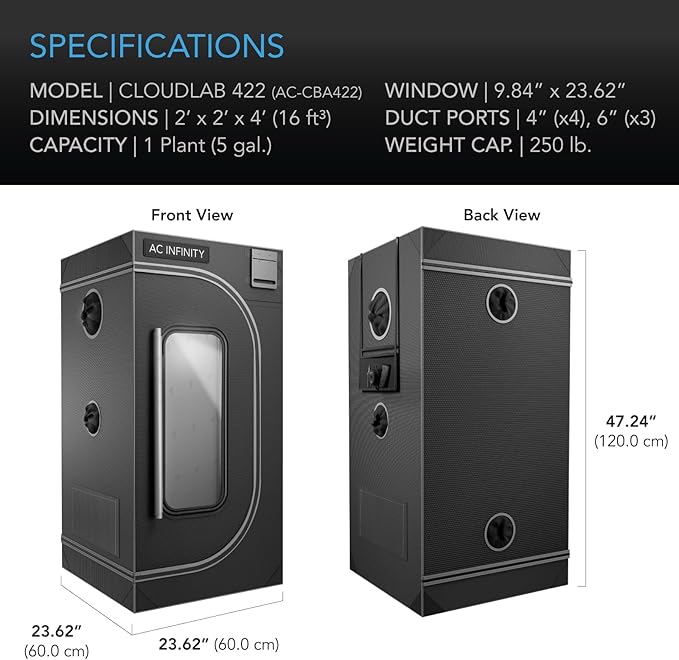 AC Infinity CLOUDLAB 422, Advance Grow Tent 2x2, Thickest 1" Poles, 2000D Mylar Canvas, Lab-Tested Highest Reflectivity, Largest Zipper Window, Controller Mount Plate, 24" x 24" x 48" Indoor Growing - Image 7