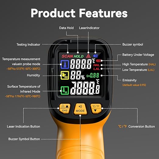 Infrared Thermometer Gun -58°F to 2732°F, IR Temperature Gun with K-Type Probe for Internal Readings, 50:1 High Temp Laser Thermometers Tool for Kilns, Furnaces, HVAC, BBQ Home & Industrial Use - Image 4