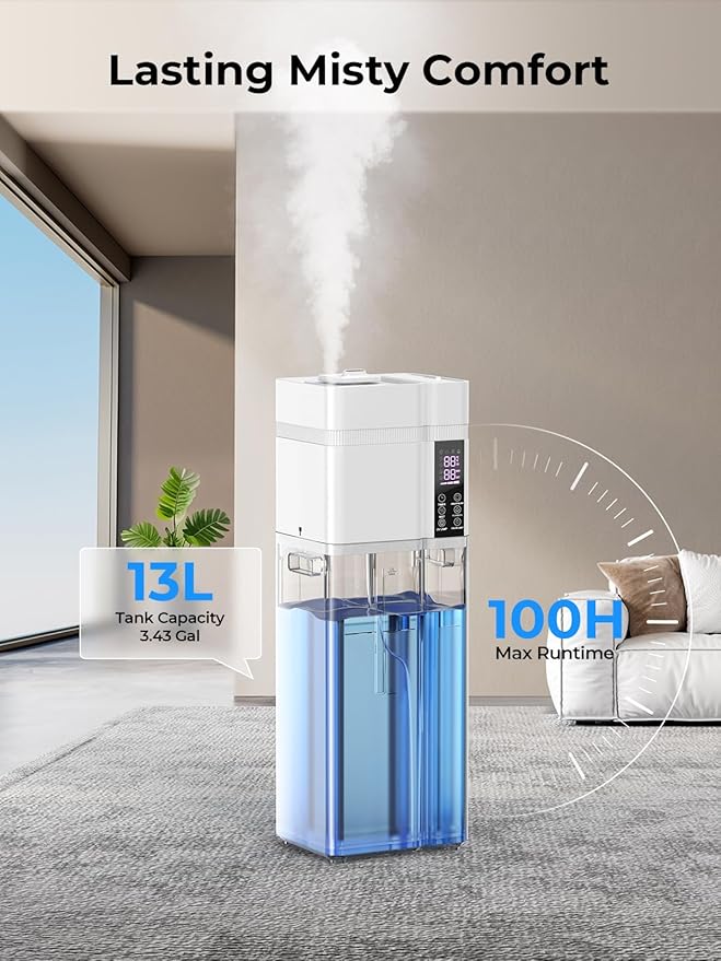 13L/3.43Gal Humidifier Large Room, 800ft² Coverage, 100H Runtime, Auto Humidity Control, Top Fill, Humidifiers for Bedroom, 35dB Quiet, Sleep Mode, Aroma Diffuser, 24H Timer, Auto Shut-off Protection - Image 3