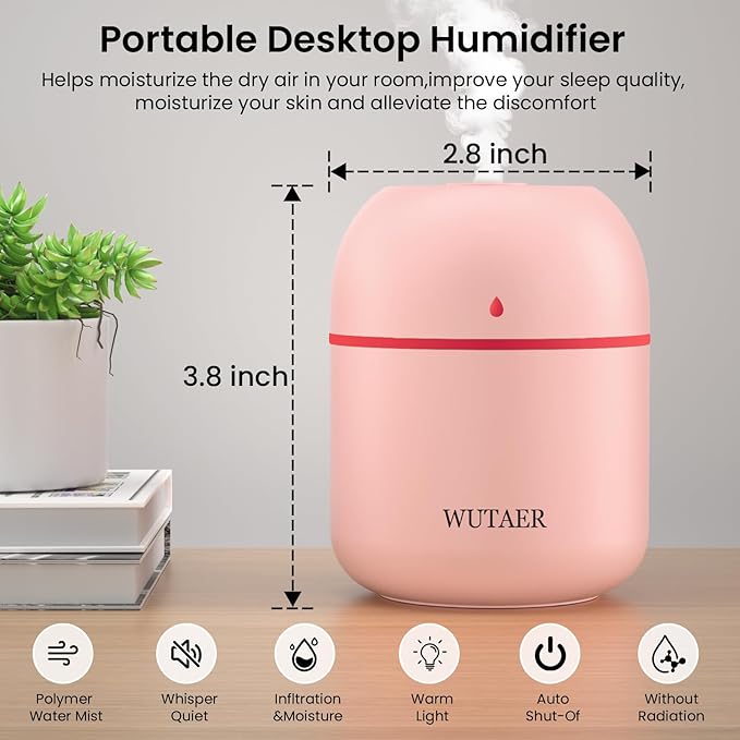 Portable Small Humidifier, WUTAER USB Personal Desktop Humidifier for Car, Office Room, Bedroom, Auto Shut-Off, 2 Mist Modes, Super Quiet(220ml, Pink) - Image 2