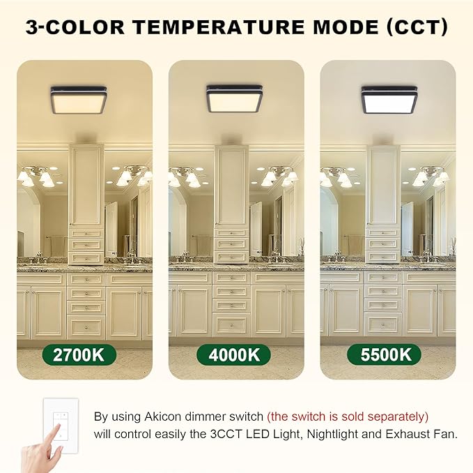 Akicon Bathroom Exhaust Fan with Light, 80CFM 2.0 Sones Exhaust Fan for Bathroom Ceiling, 15W Dimmable 3CCT LED Lights & 3.5W Nightlight Vent Fan for Home, Shower Room, Square, Black - Image 3