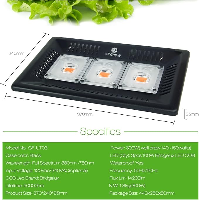 LED Grow Light Full Spectrum, CFGROW Waterproof 300W COB LED Grow Light, Natural Heat Dissipation Without Noise, Suitable for Plants All Growing Stage Indoor or Outdoor - Image 5