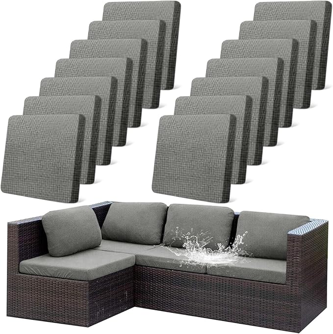 14Pcs Outdoor Stretch Cushion Covers,Waterproof Outdoor Chair Cushion Covers for Patio Furniture, Washable Jacquard Couch Covers Replacement for Patio Furniture(Grey, Cover Only) by CALBODE