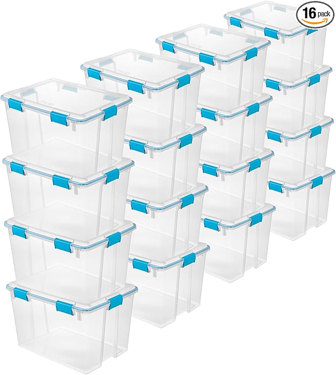 Sterilite 16-Pack Gasket Box, Weather-Resistant Storage Bins with Latching Lids, 80 Quart - Heavy-Duty Organizing Containers for Closet, Bathroom, and Office by Sterilite