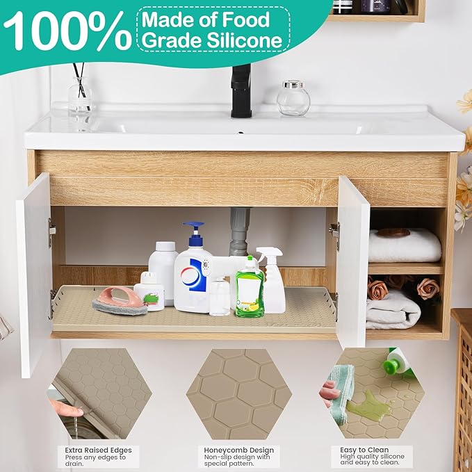 Waterproof Under Sink Mat 34" x 22", Silicone Cabinet Liner, Rubber Protector for Kitchen and Bathroom, Keeps Cabinets Clean, Dry, and Organized (Brown) - Image 3