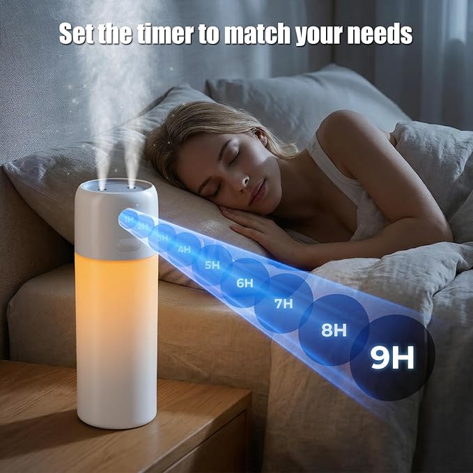 Mini Humidifier for Bedroom, 500ml, Dual Mist Rechargeable Travel Humidifier for Office, Car, Nursery, Auto Shut-Off, Dry-Burn Protection, Timer, Quiet with Night Light (Snow White) - Image 5
