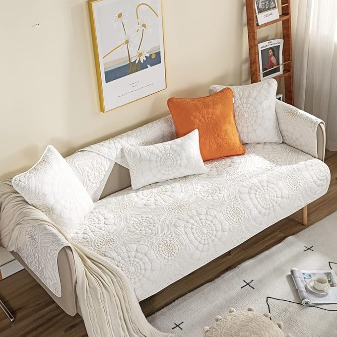 vctops Boho Circle Embroidery Couch Sofa Cover Solid Color Cotton Quilted Non-Slip Sectional Couch Covers Sofa Slipcover for Dogs, Children, Pets Furniture Protector (White,36"x70") - Image 3