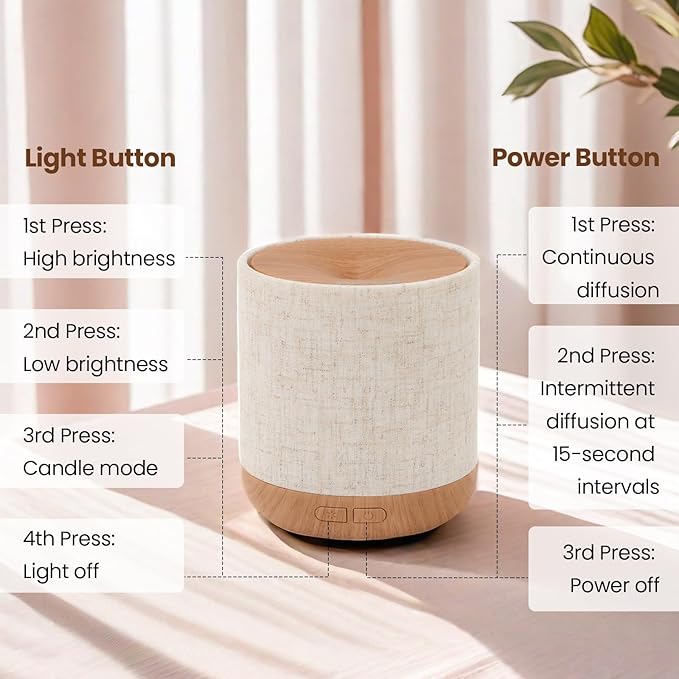 Essential Oil Diffuser 200ml with Fabric Cover and Night Lamp | Ultrasonic Aroma Diffuser | Humidifier w Lights | Room Decor | Small Humidifier for Bedroom | Gift (Light Brown) - Image 2