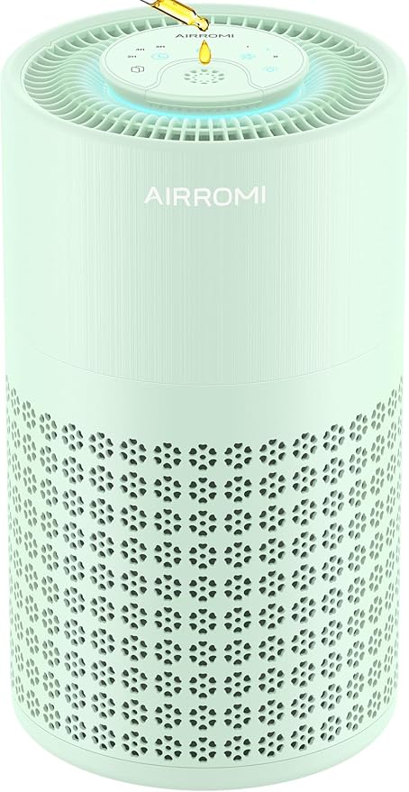 AIRROMI Air Purifier for Bedroom with HEPA 3-in-1 Filter, Pet Air Purifier for Home Cat Pee Smell, Covers Upto 990 Ft², Quiet 360°intake Air Cleaner for pet hair,allergies,Dust,Smoke A2001 Green by AIRROMI