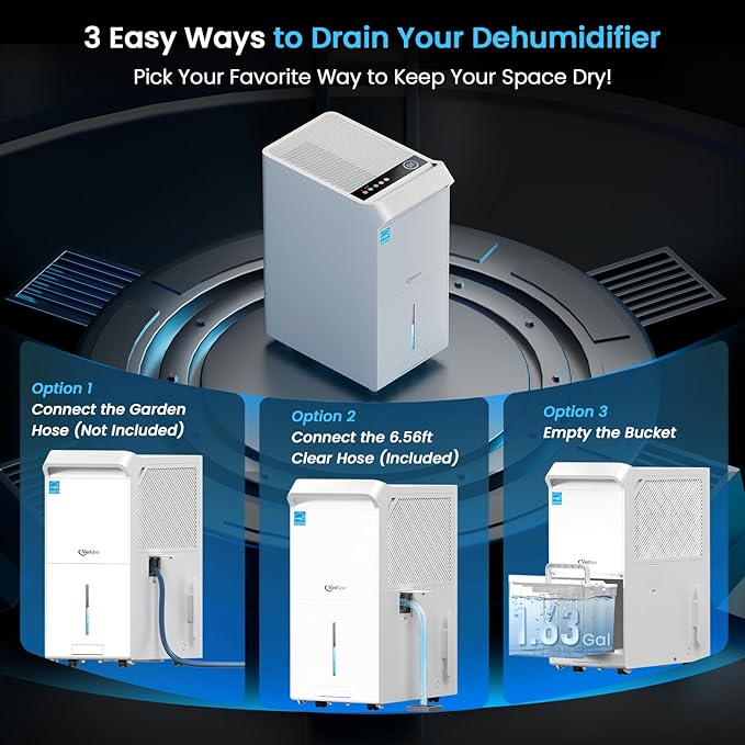 5,000 Sq.Ft Most Efficient Energy Star 2024 Dehumidifier,Vellgoo Max 120 Pint/D Compressor Dehumidifier for Basement with Drain Hose, Smart Humidity Control for Home, Large Rooms - Image 5