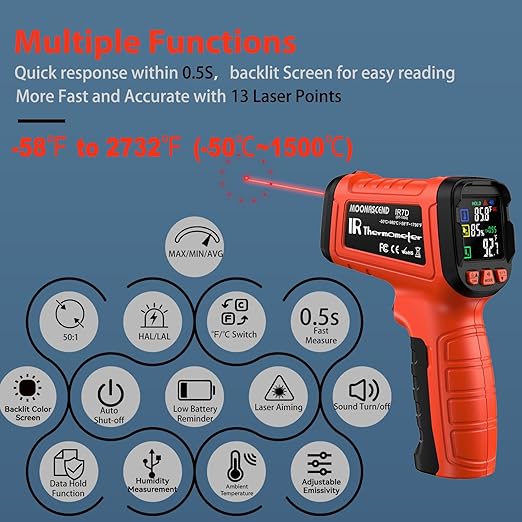 -58°F to 2732°F Infrared Thermometer Temperature Gun, 50:1 Laser Thermometer Gun for Oven, HVAC, Humidity Measurement Wood, Wall, IR Temp Gun for Engine, Forging, Industrial & Home - Image 3