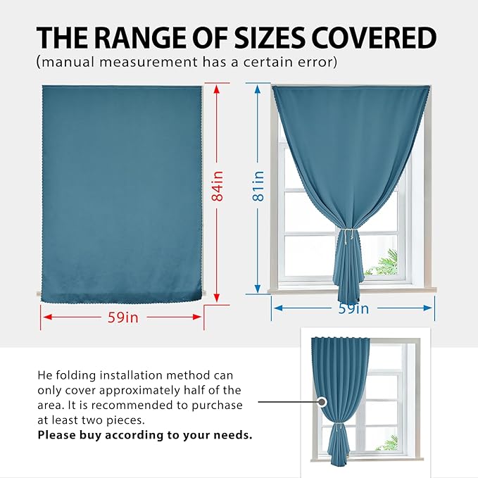 Magic Tape Stick on Portable Curtains for Windows,Bedroom Blackout Curtains for - Thermal Lnsulated No Drill Curtains Room Darkening Black Small Drapes(1 Panels,59Wx84L inch-Dark Blue) - Image 3
