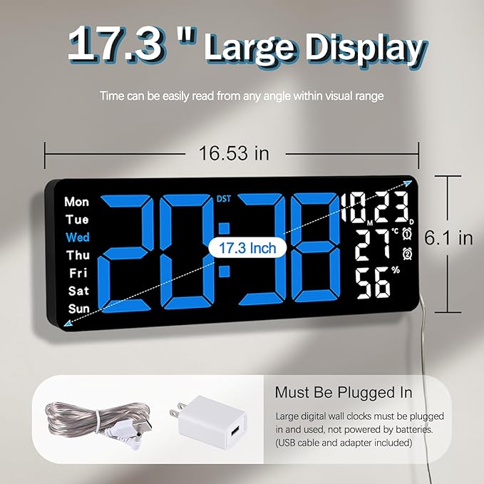 JoFomp 17.3" Large Digital Wall Clock, LED Digital Clock Large Display with Remote Control, Alarm Clock with Temp/DST/Dimmer/Humidity/Timer/Ambient Light - 12/24H, Alarm Wall Clock for Bedroom - Image 2