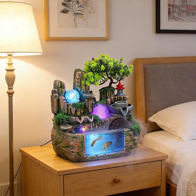11.81" Creative Desktop Fountain Waterfall Bonsai w/LED Lights & Atomizer Tabletop Decor, Small Fish Tank Rockery Humidifier, Mini Rock Plant Artificial Bonsai Fountain Rockery for Office Home Decor - Image 5