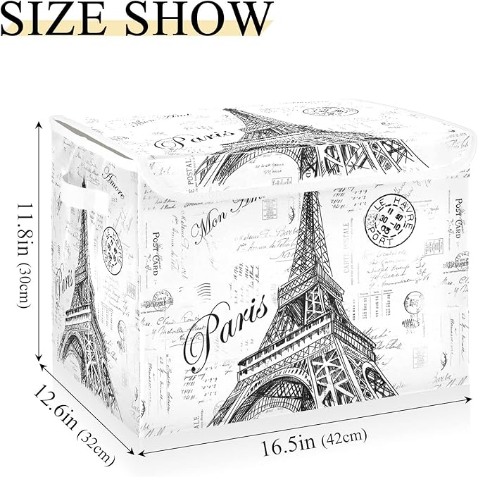 Kigai Paris Eiffel Tower Lidded Home Storage Bins, Foldable Storage Basket with Double Handle, Flip-Top Storage Box for Clothes Documents - Image 3