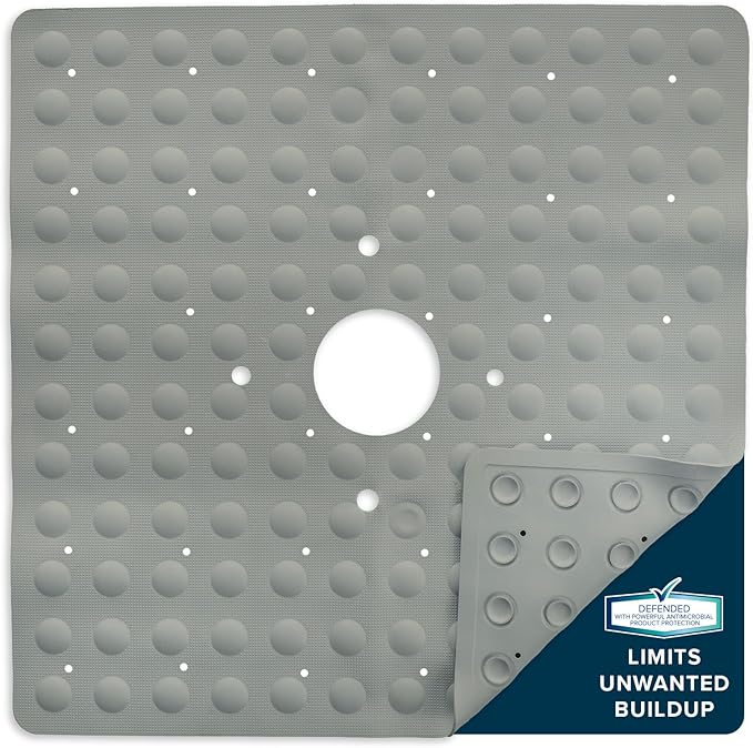 SlipX Solutions Square Natural Rubber Shower Stall Mat, 21” x 21”, Non Slip Safety, Built-in Product Protection, 140 Power Grip Suction Cups, Center Drain Hole, Tan by SlipXSolutions