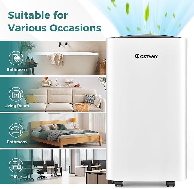 COSTWAY Dehumidifier for Large Room and Basements, Portable 30 Pints Dehumidifier with 3 Modes, 2 Speeds, Low Noise, 24H Timer, Auto or Manual Drainage - Image 8