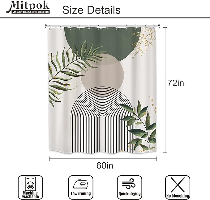 Boho Green Shower Curtain, Sage Bohemian Mid Century Modern 60Wx72H Bathroom Curtain, Abstract Gold Leaves Plant Olive Grey Minimalist Bathroom Decor Bath Curtain Polyester 12 Pack Hooks - Image 6